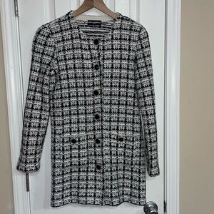 Karl Lagerfled Long Black & White Plaid Tweed Blazer Size Small